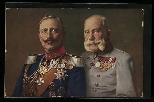 AK Zweibund, Kaiser Franz Josef I. von Österreich in Uniform mit Orden und Kaiser Wilhelm II. in Uniform mit Epauletten