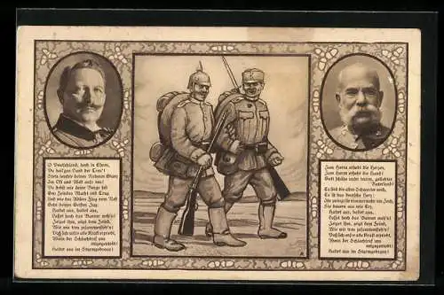 AK Kaiser Franz Josef I. von Österreich und Kaiser Wilhelm II., Portraits, Soldaten des Zweibunds unterwegs