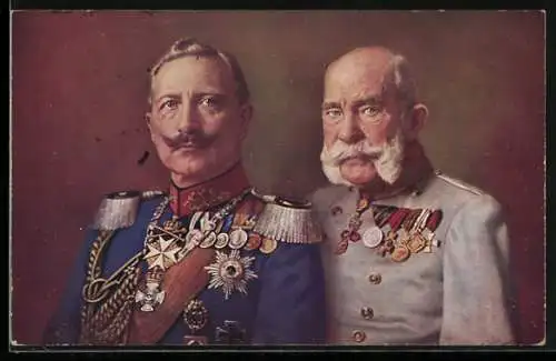 AK Zweibund, Kaiser Franz Josef I. von Österreich in Uniform mit Orden und Kaiser Wilhelm II. in Uniform mit Epauletten