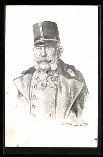 Künstler-AK Kaiser Franz Josef I. von Österreich mit Schirmmütze