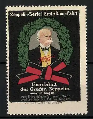 Reklamemarke Fernfahrt des Grafen Zeppelin am 04. & 05. August 1908, Portrait, Zeppelin-Serie: Erste Dauerfahrt