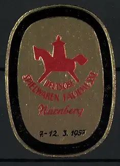 Präge-Reklamemarke Nürnberg, Deutsche Spielwaren Fachmesse 1957, Schaukelpferd