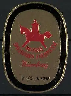 Präge-Reklamemarke Nürnberg, Deutsche Spielwaren Fachmesse 1957, Schaukelpferd