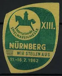 Präge-Reklamemarke Nürnberg, XIII. Spielwarenmesse 1962, Messelogo Schaukelpferd