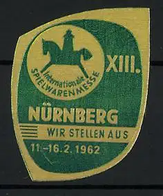 Präge-Reklamemarke Nürnberg, XIII. Spielwarenmesse 1962, Messelogo Schaukelpferd