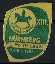 Präge-Reklamemarke Nürnberg, XIII. Spielwarenmesse 1962, Messelogo Schaukelpferd