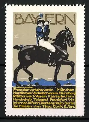 Künstler-Reklamemarke Ludwig Hohlwein, Fremdenverkehrsheim München, Besucht Bayern!, Reiter mit Horn