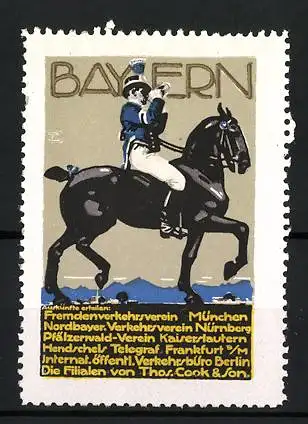 Künstler-Reklamemarke Ludwig Hohlwein, Fremdenverkehrsheim München, Besucht Bayern!, Reiter mit Horn