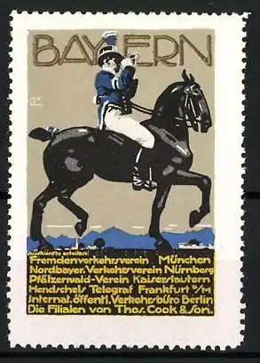 Künstler-Reklamemarke Ludwig Hohlwein, Fremdenverkehrsheim München, Besucht Bayern!, Reiter mit Horn