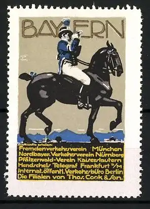 Künstler-Reklamemarke Ludwig Hohlwein, Fremdenverkehrsheim München, Besucht Bayern!, Reiter mit Horn