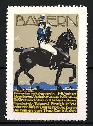 Künstler-Reklamemarke Ludwig Hohlwein, Fremdenverkehrsheim München, Besucht Bayern!, Reiter mit Horn