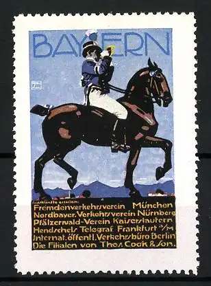 Künstler-Reklamemarke Ludwig Hohlwein, Fremdenverkehrsheim München, Besucht Bayern!, Reiter mit Horn