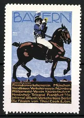 Künstler-Reklamemarke Ludwig Hohlwein, Fremdenverkehrsheim München, Besucht Bayern!, Reiter mit Horn