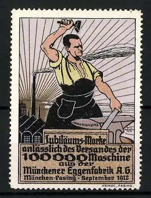 Reklamemarke München, Eggenfabrik AG, Jubiläum anlässlich des Versandes der 1.000000 Maschine 1912, Schmied