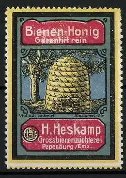 Reklamemarke Bienenhonig H. Heskamp, Grossbienenzüchterei Papenburg, Bienenstock