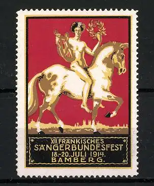 Reklamemarke Bamberg, XII. Fränkisches Sängerbundesfest 1914, nackter Sänger mit Lyra auf Pferd