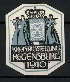 Künstler-Reklamemarke Paul Neu, Regensburg, Kreisausstellung 1910, Damen tragen ein Wappen