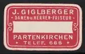 Präge-Reklamemarke Partenkirchen, J. Giglberger, Damen- und Herrenfriseur