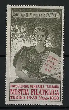 Reklamemarke Torino, Esposizione Generale Italaina Mostra Filatelica 1898, Kriegerin mit Schwert und Buch