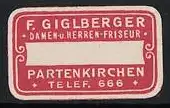 Präge-Reklamemarke Partenkirchen, F. Giglberger, Damen- und Herrenfriseur