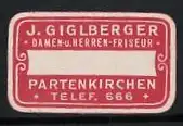 Präge-Reklamemarke Partenkirchen, F. Giglberger, Damen- und Herrenfriseur