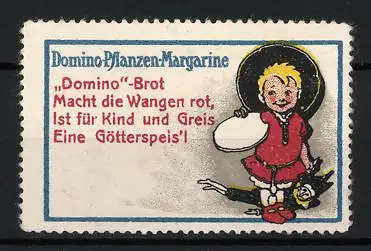 Reklamemarke Domino-Pflanzen-Margarine, Domino-Brot macht die Wangen rot..., Knabe mit Brot