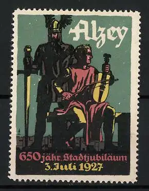 Reklamemarke Alzey, 650 jähr. Stadtjubiläum am 3.Juli 1927, Germane und Musiker