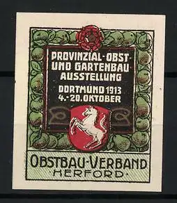 Reklamemarke Dortmund, Provinzial- Obst- und Gartenbau-Ausstellung 1913, Wappen, Obstbau-Verband Herford