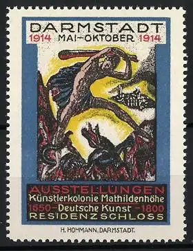 Reklamemarke Darmstadt, Ausstellungen für Künstlerkolonie 1914, Mann bekämpft Ungeheuer