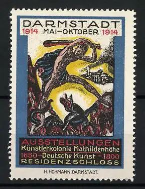 Reklamemarke Darmstadt, Ausstellungen für Künstlerkolonie 1914, Mann bekämpft Ungeheuer