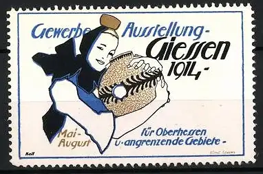 Künstler-Reklamemarke Keil, Giessen, Gewerbe-Ausstellung für Oberhessen 1914, Bäuerin in Tracht hält Vase