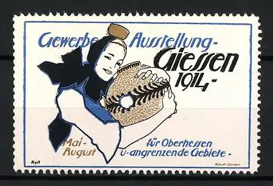 Künstler-Reklamemarke Keil, Giessen, Gewerbe-Ausstellung für Oberhessen 1914, Bäuerin in Tracht hält Vase