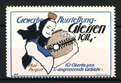 Künstler-Reklamemarke Keil, Giessen, Gewerbe-Ausstellung für Oberhessen 1914, Bäuerin in Tracht hält Vase