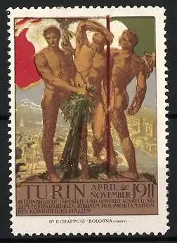 Reklamemarke Turin, Internationale Industrie- und Gewerbe-Ausstellung 1911, nackte Männer mit Flagge