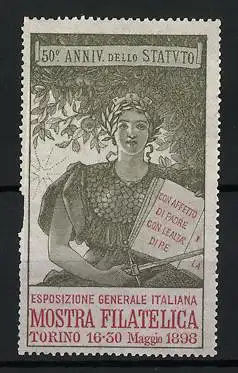 Reklamemarke Torino, Esposizione Generale Italaina Mostra Filatelica 1898, Kriegerin mit Schwert und Buch