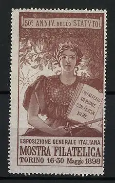 Reklamemarke Torino, Esposizione Generale Italaina Mostra Filatelica 1898, Kriegerin mit Schwert und Buch