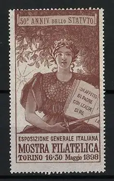 Reklamemarke Torino, Esposizione Generale Italaina Mostra Filatelica 1898, Kriegerin mit Schwert und Buch