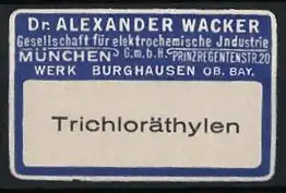 Präge-Reklamemarke München, Dr. Alexander Wacker, Gesellschaft für elektrochemische Industrie, Prinzregentenstrasse 20