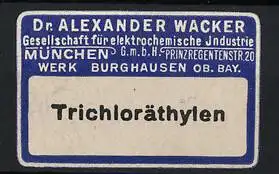 Präge-Reklamemarke München, Dr. Alexander Wacker, Gesellschaft für elektrochemische Industrie, Prinzregentenstrasse 20