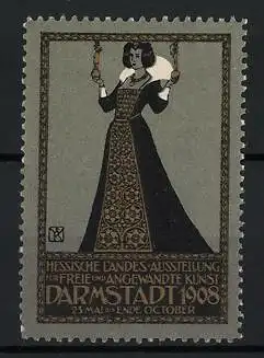 Reklamemarke Darmstadt, Hessische Landes-Ausstellung für Kunst 1908, Dame mit Pokalen