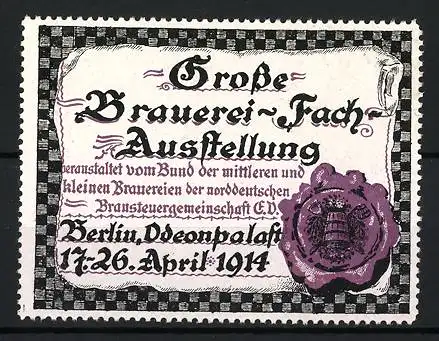 Reklamemarke Berlin, Grosse Brauerei-Fach-Ausstellung 1914, Siegel mit Fass