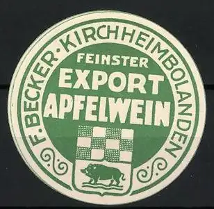 Präge-Reklamemarke Kirchheimbolanden, F. Becker, feinster Export von Apfelwein, Wappen