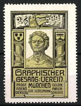 Reklamemarke München, Graphischer Gesangsverein, Dir. J. Edelmann, Büste, Säulen und Lyra