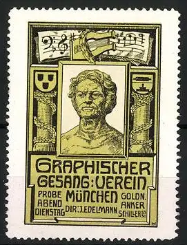 Reklamemarke München, Graphischer Gesangsverein, Dir. J. Edelmann, Büste, Säulen und Lyra