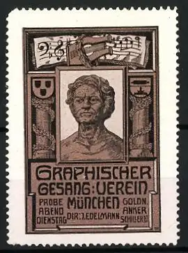 Reklamemarke München, Graphischer Gesangsverein, Dir. J. Edelmann, Büste, Säulen und Lyra