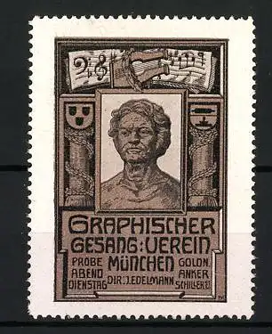 Reklamemarke München, Graphischer Gesangsverein, Dir. J. Edelmann, Büste, Säulen und Lyra