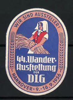 Präge-Reklamemarke Hannover, 44. Wander-Ausstellung der DLG 1956, Bäuerin mit Getreidebündel