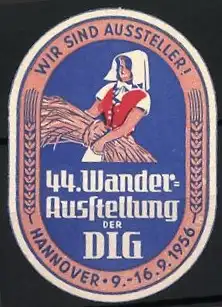 Präge-Reklamemarke Hannover, 44. Wander-Ausstellung der DLG 1956, Bäuerin mit Getreidebündel