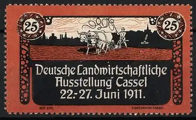 Reklamemarke Cassel, Deutsche Landwirtschaftl. Ausstellung 1911, Bauer mit Rinderpflug