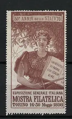 Reklamemarke Torino, Esposizione Generale Italaina Mostra Filatelica 1898, Kriegerin mit Schwert und Buch